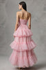 Laden Sie das Bild in den Galerie-Viewer, Pink Trägerlos A-Linie Tüll Rüschen Langes Festliches Kleid