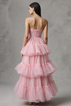 Pink Trägerlos A-Linie Tüll Rüschen Langes Festliches Kleid