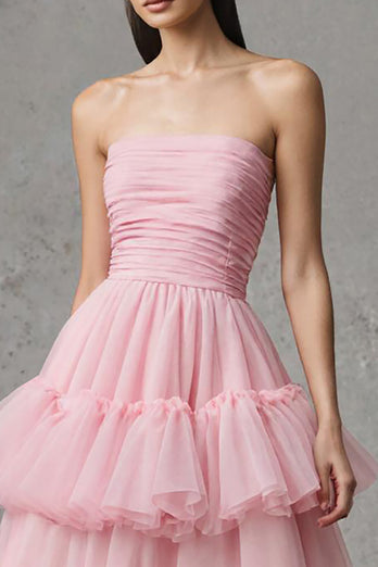 Pink Trägerlos A-Linie Tüll Rüschen Langes Festliches Kleid
