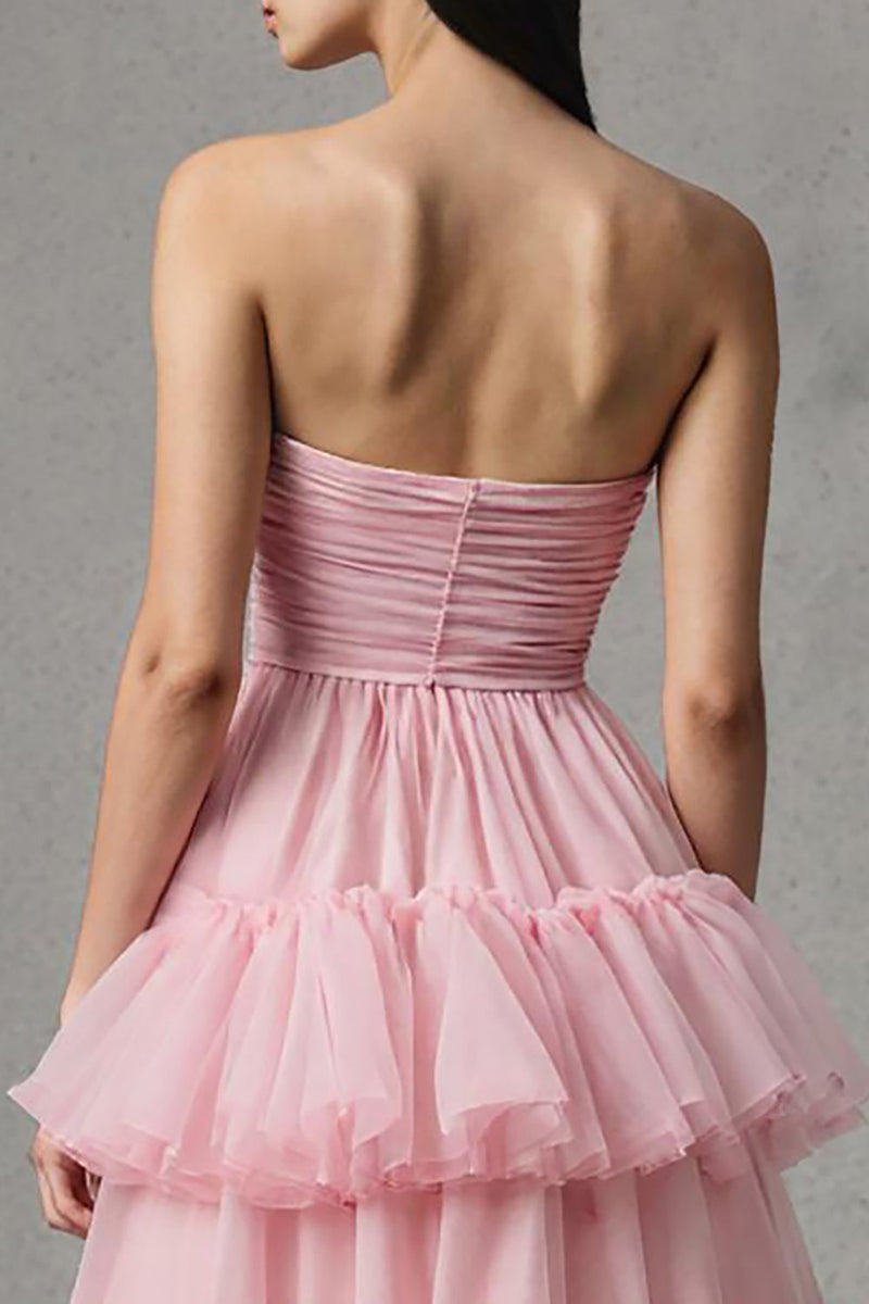 Laden Sie das Bild in den Galerie-Viewer, Pink Trägerlos A-Linie Tüll Rüschen Langes Festliches Kleid