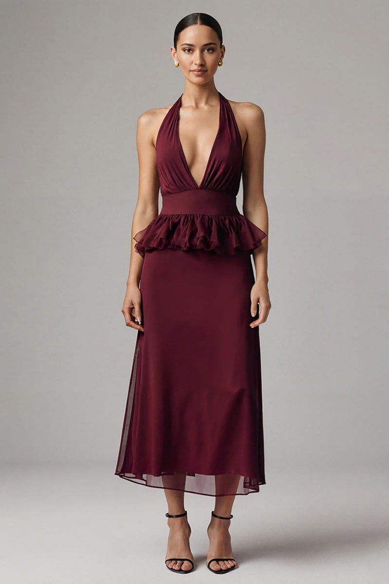 Laden Sie das Bild in den Galerie-Viewer, Burgunderrot Neckholder Etui Chiffon Teelänge Formelle Kleid mit Rüschen