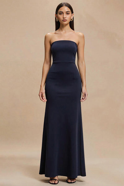 Einfaches Marineblau Trägerlos Satin Meerjungfrau Langes Formelle Kleid