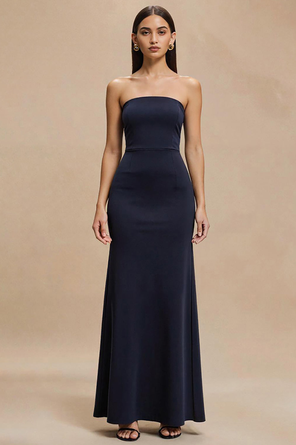 Einfaches Marineblau Trägerlos Satin Meerjungfrau Langes Formelle Kleid