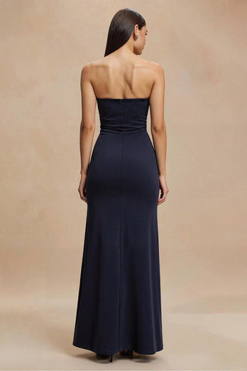 Einfaches Marineblau Trägerlos Satin Meerjungfrau Langes Formelle Kleid