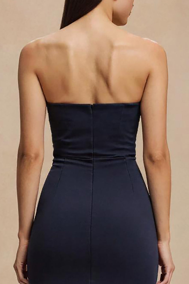 Laden Sie das Bild in den Galerie-Viewer, Einfaches Marineblau Trägerlos Satin Meerjungfrau Langes Formelle Kleid