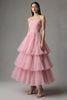 Laden Sie das Bild in den Galerie-Viewer, Pink Trägerlos A-Linie Tüll Rüschen Ankle Length Festliches Kleid