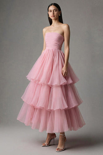 Pink Trägerlos A-Linie Tüll Rüschen Ankle Length Festliches Kleid