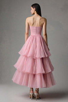Pink Trägerlos A-Linie Tüll Rüschen Ankle Length Festliches Kleid