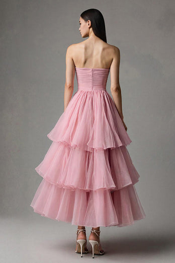 Pink Trägerlos A-Linie Tüll Rüschen Ankle Length Festliches Kleid