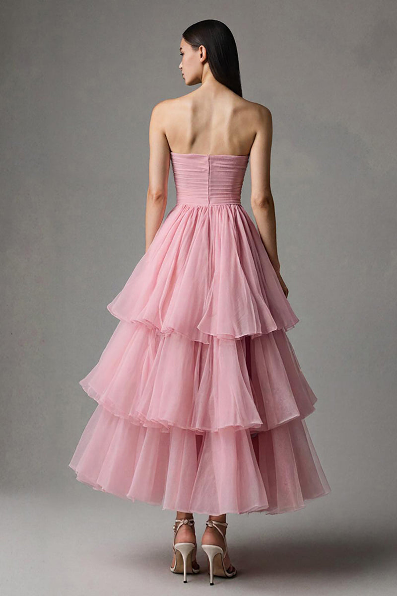 Laden Sie das Bild in den Galerie-Viewer, Pink Trägerlos A-Linie Tüll Rüschen Ankle Length Festliches Kleid