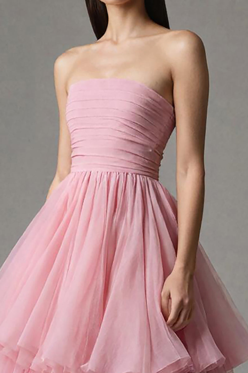 Laden Sie das Bild in den Galerie-Viewer, Pink Trägerlos A-Linie Tüll Rüschen Ankle Length Festliches Kleid