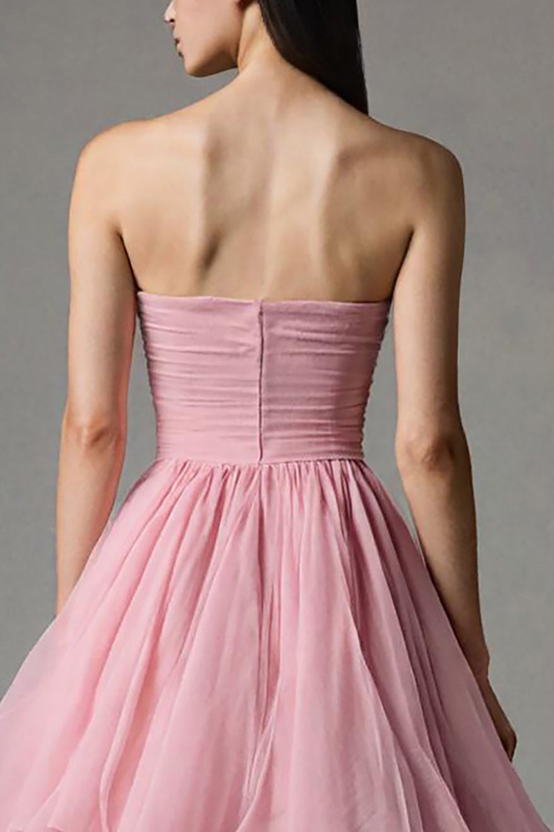 Laden Sie das Bild in den Galerie-Viewer, Pink Trägerlos A-Linie Tüll Rüschen Ankle Length Festliches Kleid