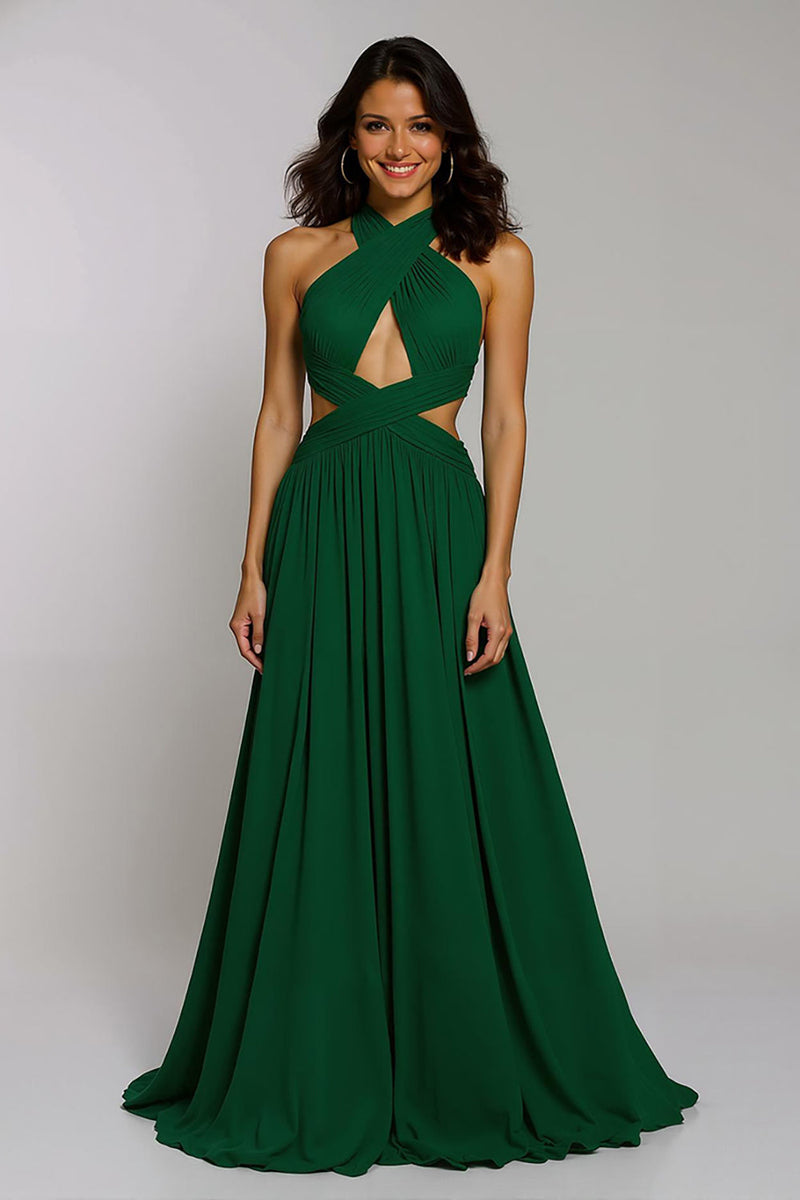 Laden Sie das Bild in den Galerie-Viewer, Dunkelgrün Neckholder Chiffon Cut-Out A-Linie Langes Festliches Partykleid