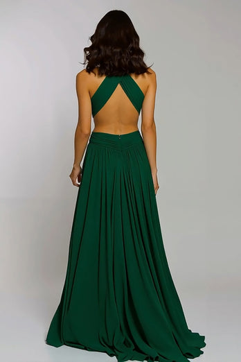 Dunkelgrün Neckholder Chiffon Cut-Out A-Linie Langes Festliches Partykleid