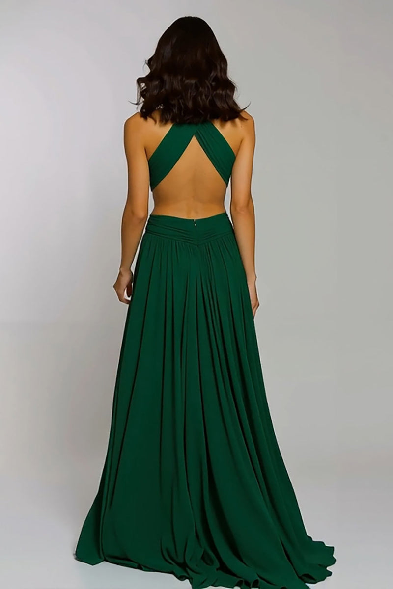 Laden Sie das Bild in den Galerie-Viewer, Dunkelgrün Neckholder Chiffon Cut-Out A-Linie Langes Festliches Partykleid