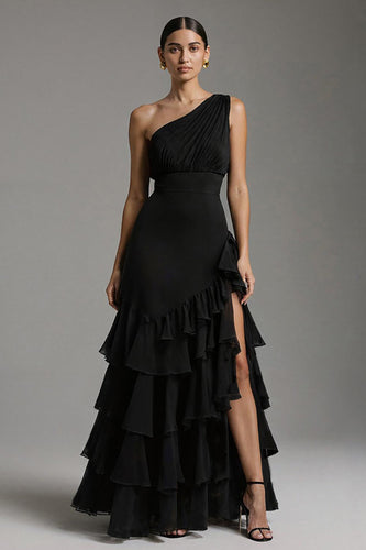Schwarz Eine Schulter A-Linie Chiffon Rüschen Langes Formelle Kleid mit Schlitz