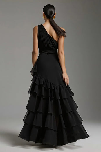 Schwarz Eine Schulter A-Linie Chiffon Rüschen Langes Formelle Kleid mit Schlitz