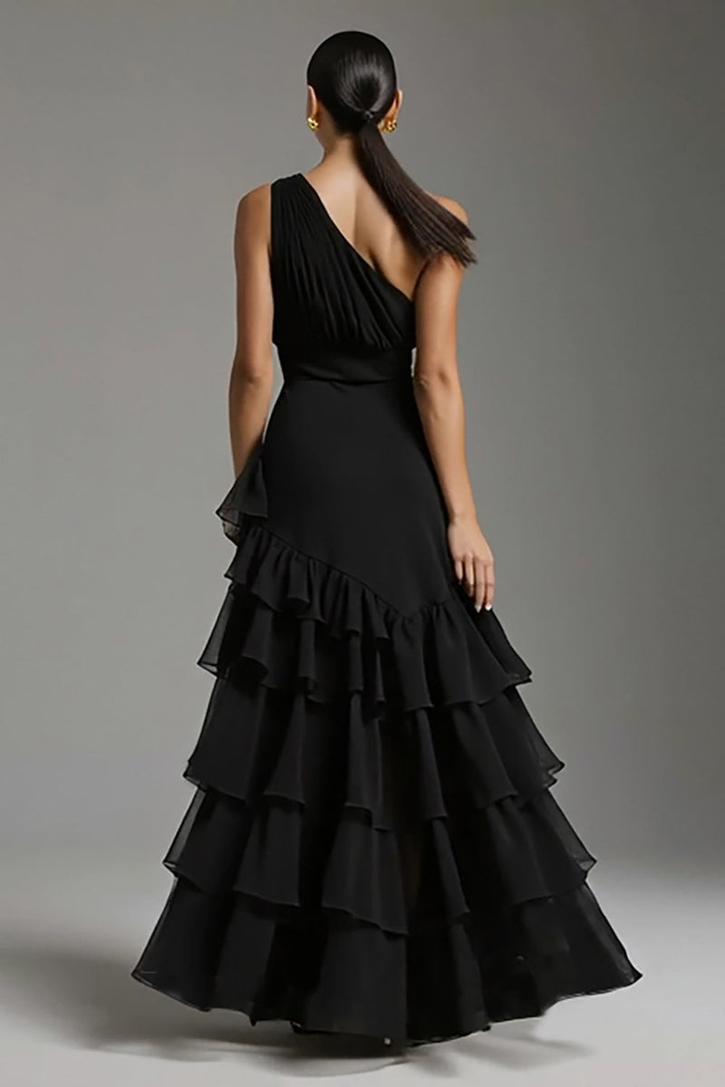 Laden Sie das Bild in den Galerie-Viewer, Schwarz Eine Schulter A-Linie Chiffon Rüschen Langes Formelle Kleid mit Schlitz