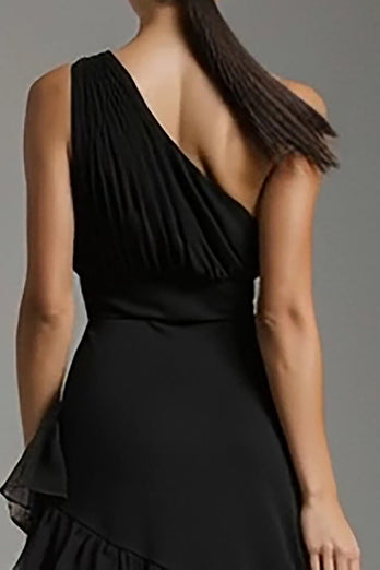 Schwarz Eine Schulter A-Linie Chiffon Rüschen Langes Formelle Kleid mit Schlitz