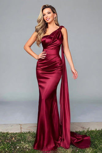 Burgunderrot Eine Schulter Satin Meerjungfrau Formelle Kleid mit Side Cape
