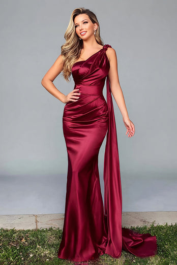 Burgunderrot Eine Schulter Satin Meerjungfrau Formelle Kleid mit Side Cape