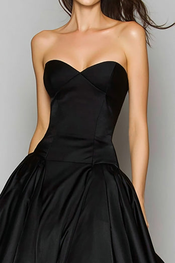 Schwarz Herz-Ausschnitt A-Linie Satin Langes Formelle Kleid