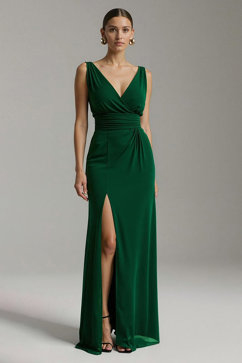 Laden Sie das Bild in den Galerie-Viewer, Dunkelgrün V-Ausschnitt Chiffon Etui Langes Festliches Partykleid mit Schlitz