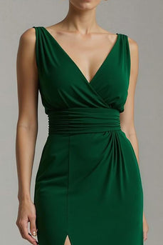 Dunkelgrün V-Ausschnitt Chiffon Etui Langes Festliches Partykleid mit Schlitz