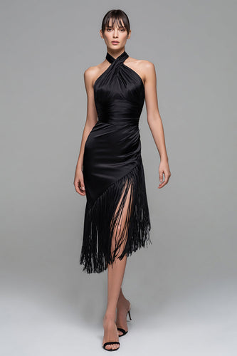 Schwarz Neckholder Satin Midi Semi-Formelle Kleid mit Fransen