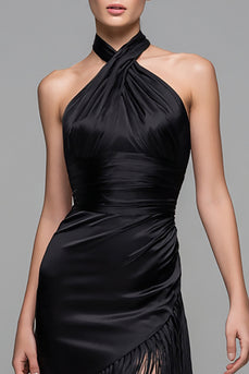 Schwarz Neckholder Satin Midi Semi-Formelle Kleid mit Fransen