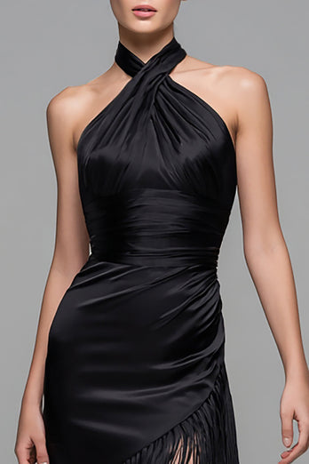 Schwarz Neckholder Satin Midi Semi-Formelle Kleid mit Fransen