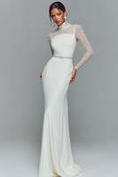 Laden Sie das Bild in den Galerie-Viewer, Leely Women White Chiffon Mermaid Maxi Wedding Reception Dress with Beading High Neck Long Sleeves Engagement Dress with Sleeves