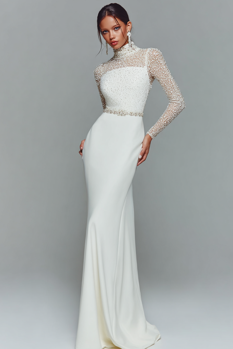 Laden Sie das Bild in den Galerie-Viewer, Leely Women White Chiffon Mermaid Maxi Wedding Reception Dress with Beading High Neck Long Sleeves Engagement Dress with Sleeves