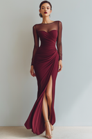 Laden Sie das Bild in den Galerie-Viewer, Leely Women Cabernet Mermaid Long Formal Dress with Silt Ruched Illusion Neck Evening Dress with Sleeves