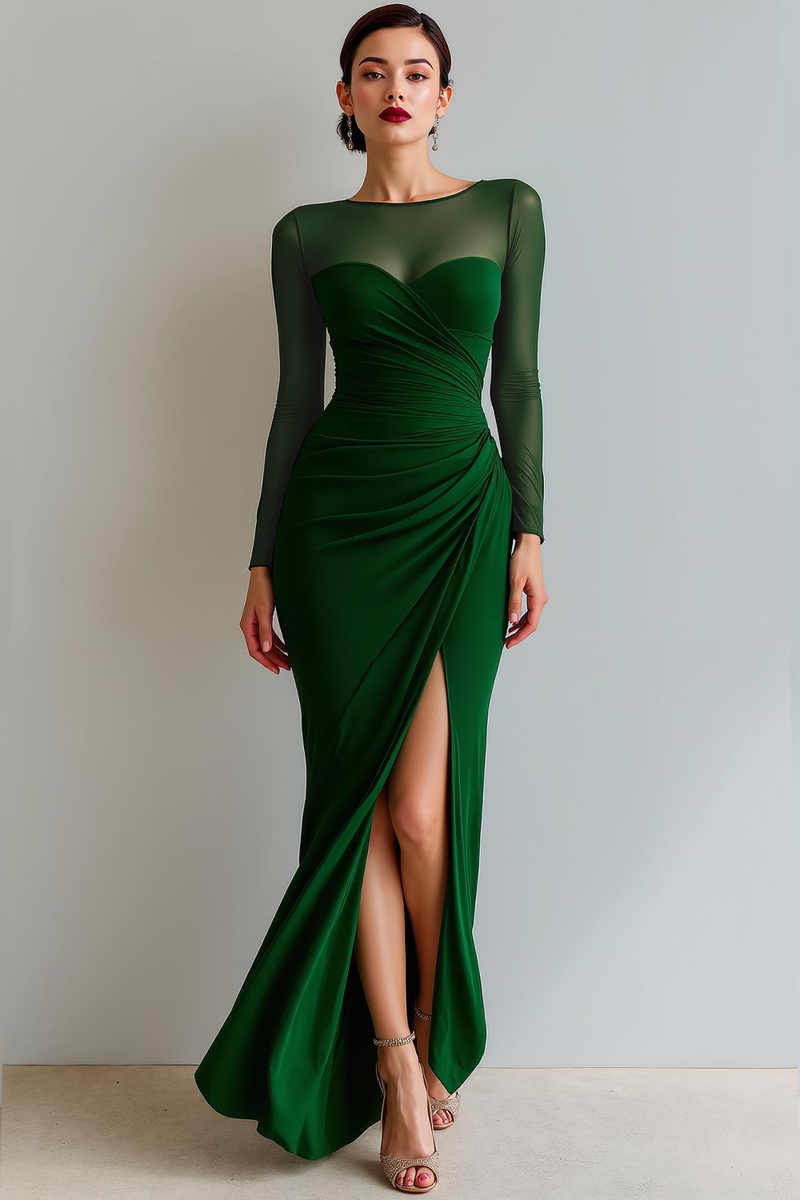 Laden Sie das Bild in den Galerie-Viewer, Cabernet Gerafft Meerjungfrau Illusionsausschnitt Langes Abendkleid mit Schlitz