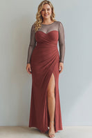 Laden Sie das Bild in den Galerie-Viewer, Cabernet Gerafft Meerjungfrau Illusionsausschnitt Langes Abendkleid mit Schlitz