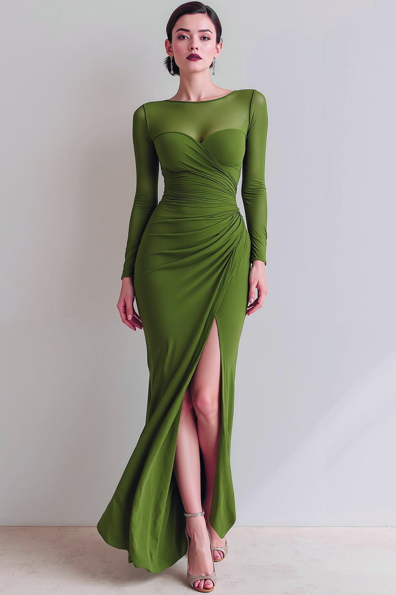 Laden Sie das Bild in den Galerie-Viewer, Cabernet Gerafft Meerjungfrau Illusionsausschnitt Langes Abendkleid mit Schlitz
