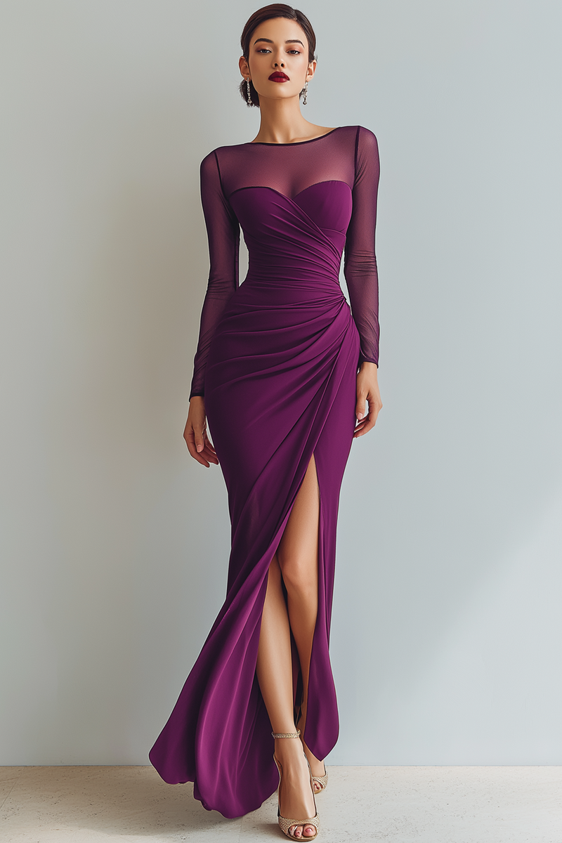 Laden Sie das Bild in den Galerie-Viewer, Cabernet Gerafft Meerjungfrau Illusionsausschnitt Langes Abendkleid mit Schlitz