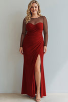 Laden Sie das Bild in den Galerie-Viewer, Cabernet Gerafft Meerjungfrau Illusionsausschnitt Langes Abendkleid mit Schlitz