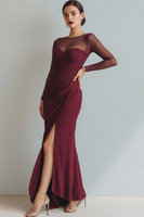 Laden Sie das Bild in den Galerie-Viewer, Cabernet Gerafft Meerjungfrau Illusionsausschnitt Langes Abendkleid mit Schlitz