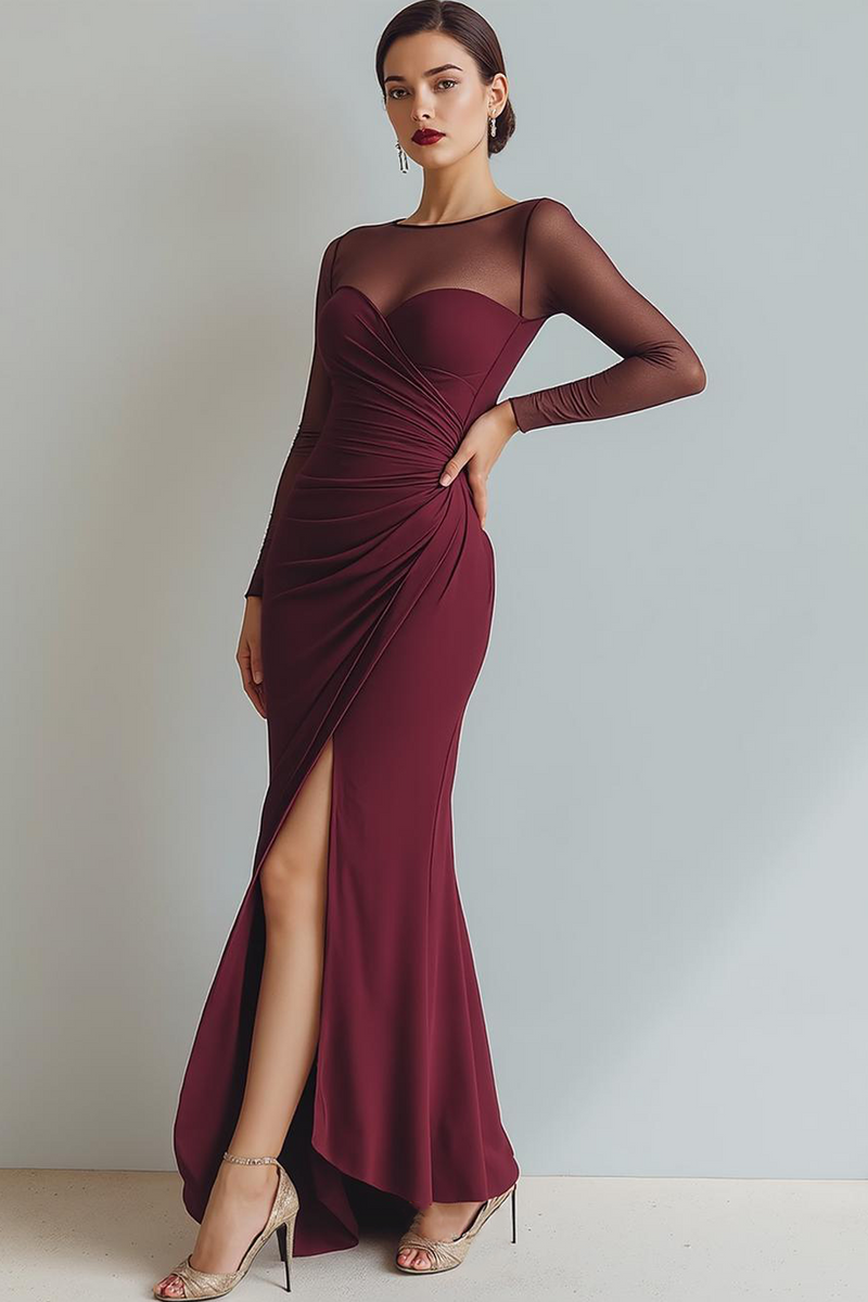 Laden Sie das Bild in den Galerie-Viewer, Cabernet Gerafft Meerjungfrau Illusionsausschnitt Langes Abendkleid mit Schlitz
