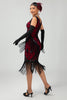 Laden Sie das Bild in den Galerie-Viewer, Glitzerndes Schwarzes Rotes Fransen Kurzes 1920er Kleid Mit 20er Jahre Accessoire Set