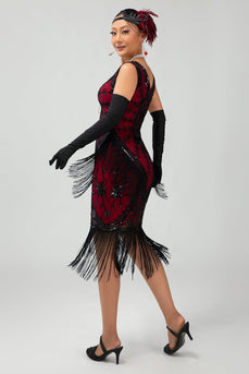 Glitzerndes Schwarzes Rotes Fransen Kurzes 1920er Kleid Mit 20er Jahre Accessoire Set