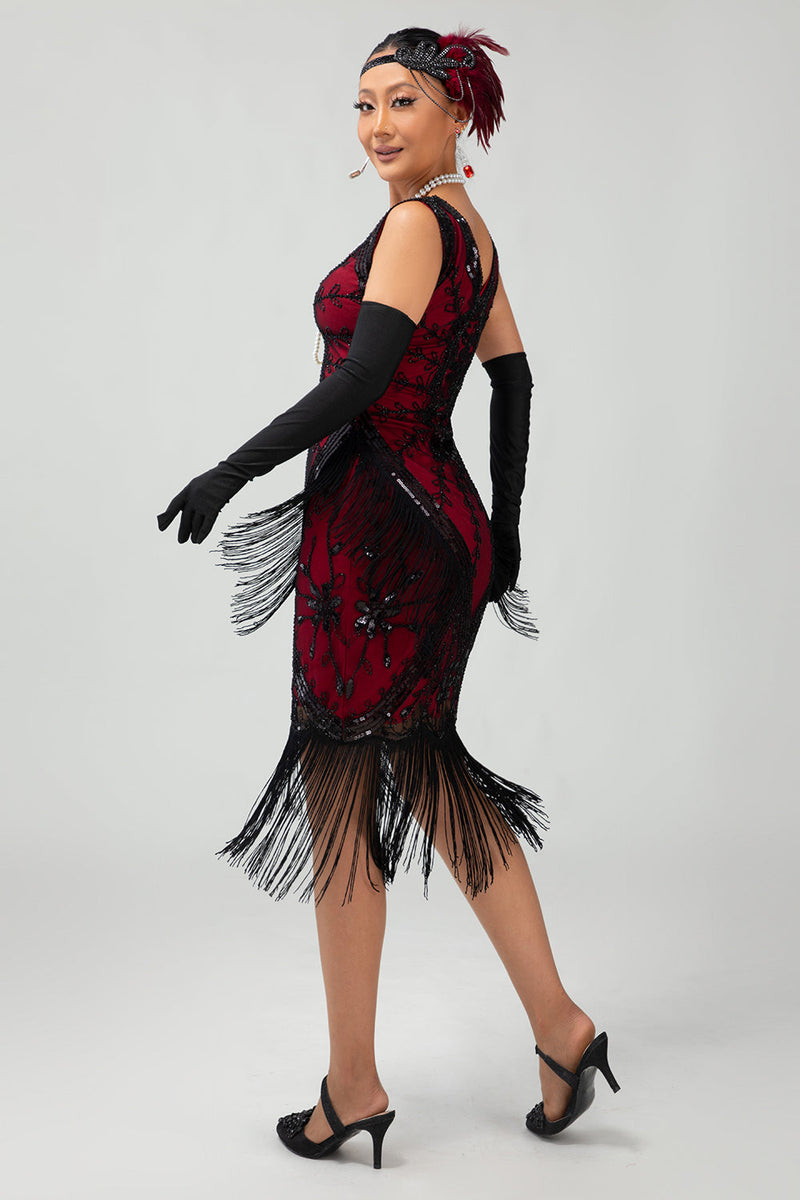 Laden Sie das Bild in den Galerie-Viewer, Glitzerndes Schwarzes Rotes Fransen Kurzes 1920er Kleid Mit 20er Jahre Accessoire Set