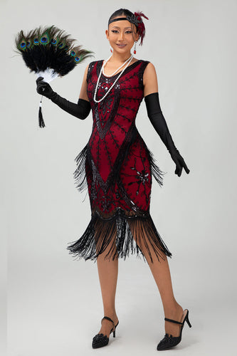 Glitzerndes Schwarzes Rotes Fransen Kurzes 1920er Kleid Mit 20er Jahre Accessoire Set