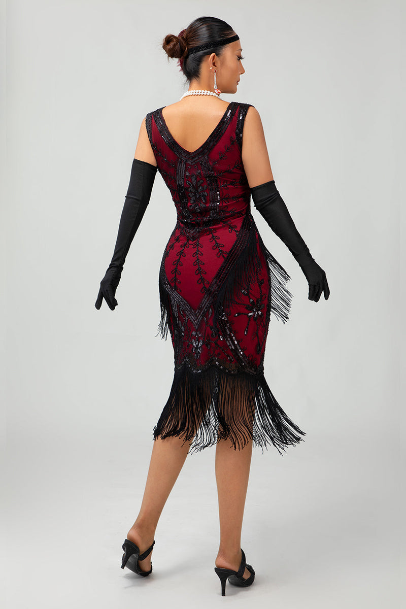 Laden Sie das Bild in den Galerie-Viewer, Glitzerndes Schwarzes Rotes Fransen Kurzes 1920er Kleid Mit 20er Jahre Accessoire Set