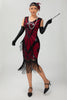 Laden Sie das Bild in den Galerie-Viewer, Glitzerndes Schwarzes Rotes Fransen Kurzes 1920er Kleid Mit 20er Jahre Accessoire Set