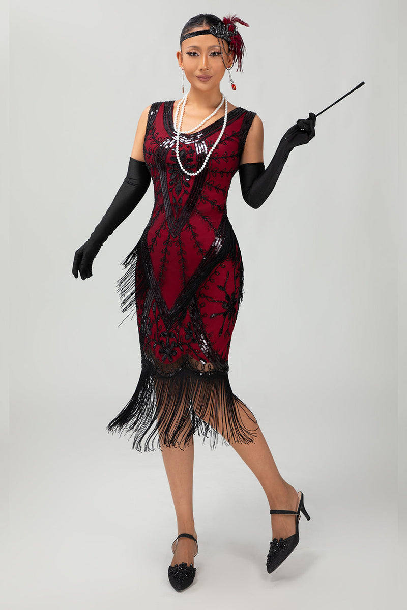 Laden Sie das Bild in den Galerie-Viewer, Glitzerndes Schwarzes Rotes Fransen Kurzes 1920er Kleid Mit 20er Jahre Accessoire Set