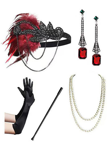 Glitzerndes Schwarzes Rotes Fransen Kurzes 1920er Kleid Mit 20er Jahre Accessoire Set