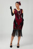 Laden Sie das Bild in den Galerie-Viewer, Glitzerndes Schwarzes Rotes Fransen Kurzes 1920er Kleid Mit 20er Jahre Accessoire Set